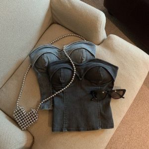Summer new American sweet and spicy fashion pure desire denim bandeau strapless top is a special French clothing for women