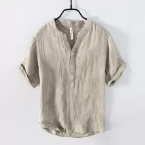 Summer linen short sleeve casual T-shirt men's stand collar pullover shirt national tide distressed retro thin breathable big V