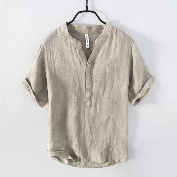 Summer linen short sleeve casual T-shirt men's stand collar pullover shirt national tide distressed retro thin breathable big V - Image 2