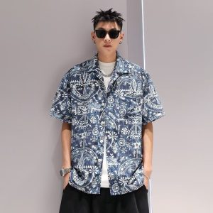 Vintage Cuban Collar Men's Shirt Men's and Women's Loose Hong Kong Flavor American Retro Couple Thai Hong Kong Style Short Sleeve Shirt