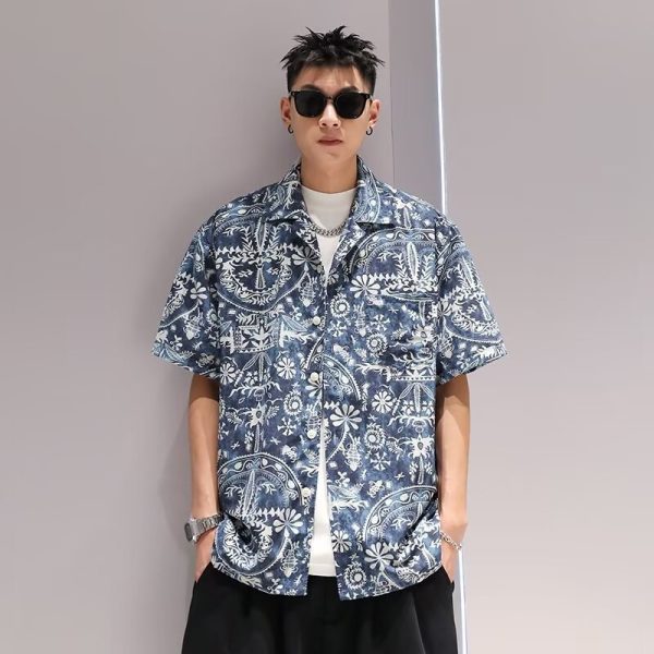 Vintage Cuban Collar Men's Shirt Men's and Women's Loose Hong Kong Flavor American Retro Couple Thai Hong Kong Style Short Sleeve Shirt