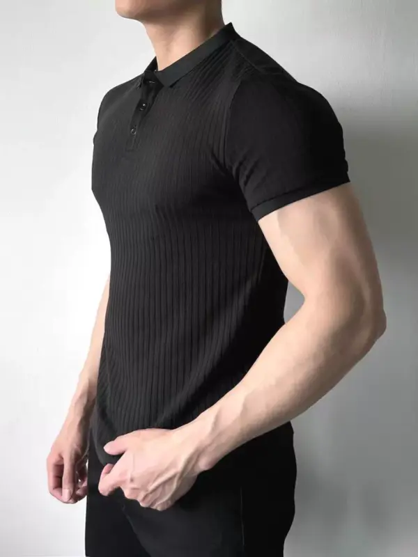 American ice silk pit strip polo shirt men's cool slim short sleeve lapel t-shirt fitness trainer overalls paul shirt tide - Image 3