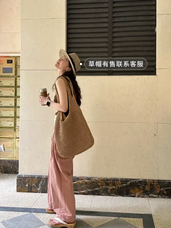 Side cm shoulder large capacity crossbody straw bag women's summer canvas bag seaside resort beach woven bag bag straw bag - Image 3