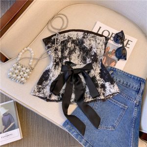 Real shot ink painting jacquard bandeau wears a high-end waist sleeveless top and is chic and super good-looking wrap