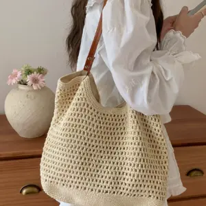 Large Capacity Bag Women's 2025 New Versatile One Shoulder Seaside Resort Beach Bag Woven Straw Commuter Tote Bag