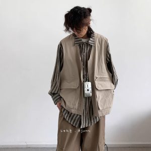 cityboy Japanese vintage stitching fake two-piece cargo shirt for men and women casual loose long-sleeved shirt jacket