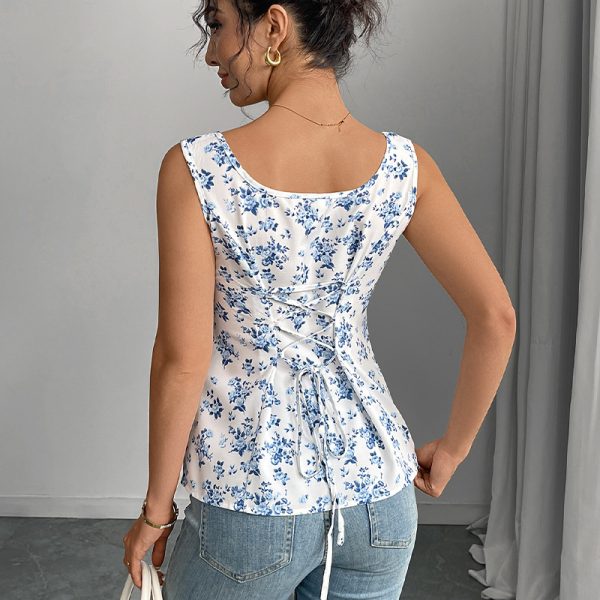 Cross-border Amazon ebay foreign trade 2025 summer European and American vacation style floral small vest suspender top lace-up women - Image 2