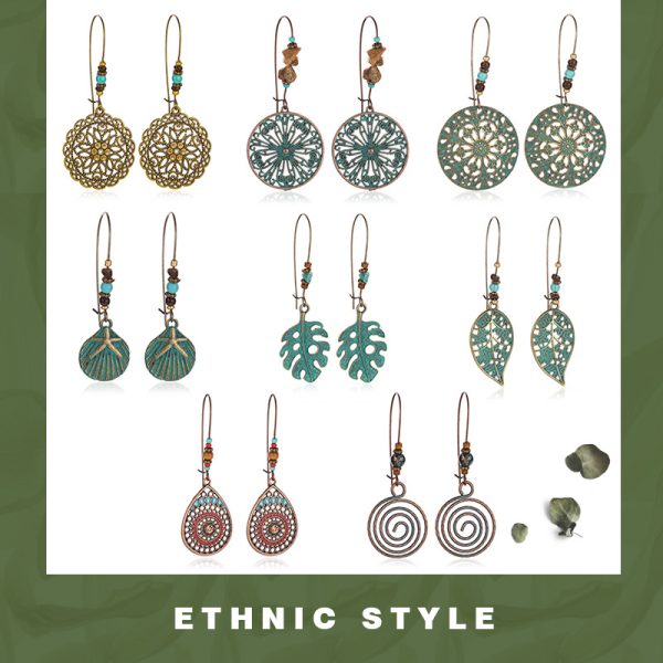 Ethnic style carved earrings, women's ancient bronze exaggerated openwork flower leaf earrings, bohemian green plant earrings