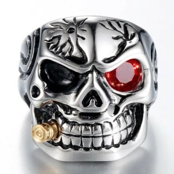 Halloween Skull Ring Men Vintage Diamond-Encrusted Cyclops Dragon Pipe Cigar Skull Ring Halloween Jewelry