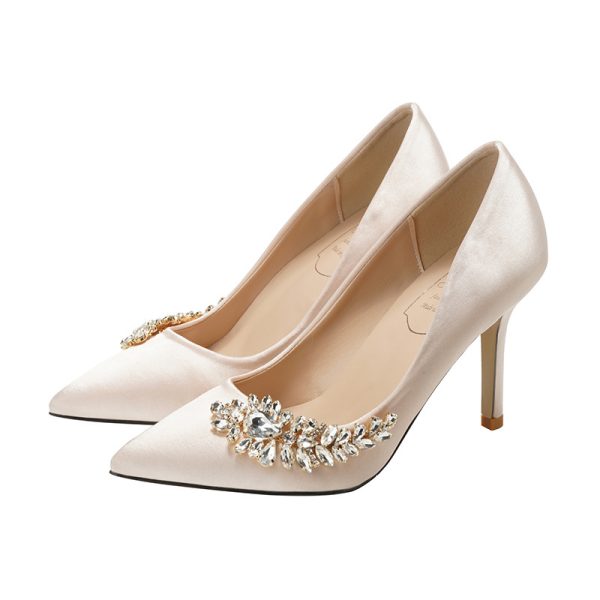 2023 New Bridal Wedding Shoes, Women's Crystal Shoes, Champagne Bridesmaid Wedding White High Heels, Burgundy Xiuhe Shoes - Image 5
