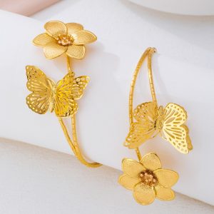 Metal imitation pearl retro French design sense upper arm bracelet butterfly flower multi-geometric armband adjustable niche women
