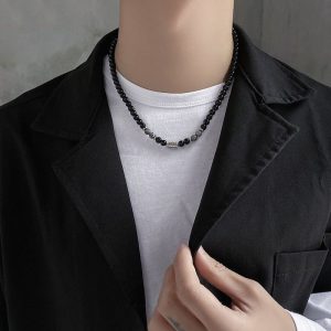 Niche design high-end new stainless steel men's necklace natural tiger's eye map stone beaded OT clasp necklace