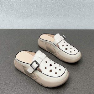 Hollow breathable hole slippers for women wear fashionable summer new versatile cowhide toe buckle half slippers