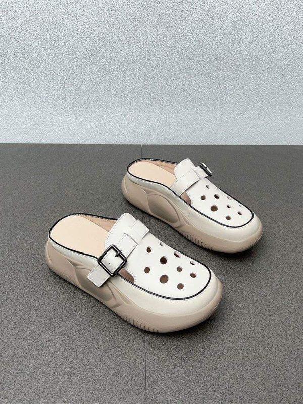 Hollow breathable hole slippers for women wear fashionable summer new versatile cowhide toe buckle half slippers - Image 5
