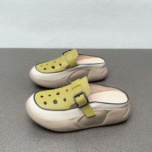 Hollow breathable hole slippers for women wear fashionable summer new versatile cowhide toe buckle half slippers