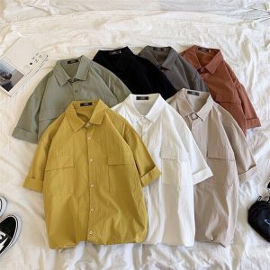 Workwear short-sleeved shirt men's Korean version trendy handsome white shirt men's ins Hong Kong style design sense foreign couple Jiatai
