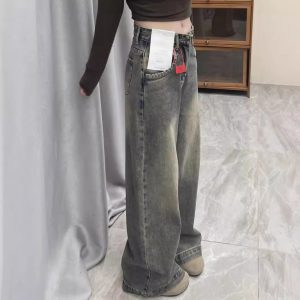 2025 retro draped wide-leg jeans women's spring and autumn high-waisted loose mopping straight leg versatile pants look thin and tall