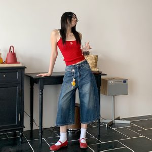 New vintage washed distressed texture high-waisted loose casual wide-leg pants cropped jeans women's trend