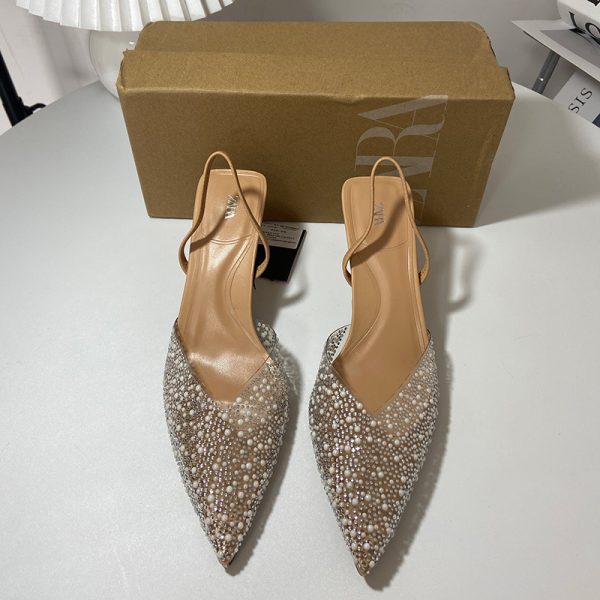 ZA New 2023 Pointed Toe High Heel Pearl Glitter Shallow Stiletto Back Strappy Back Slingback Slingback Fashion Sandals Women