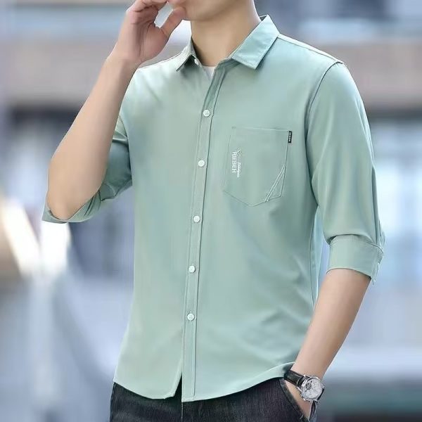 Ice silk stretch three-quarter sleeve shirt men's summer thin versatile short-sleeved shirt men's casual mid-length sleeve top
