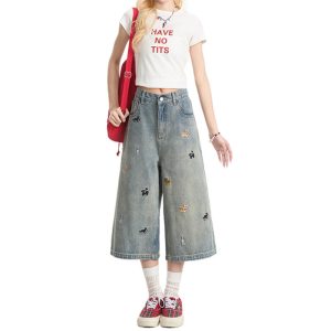 Puppy embroidered jeans, women's new summer pants, plus size fat mm shorts, slimming wide leg, seven-point mid pants