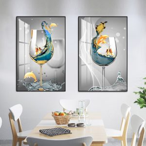 Nine Fish Picture: Diptych Restaurant Decoration Painting, Creative Wine Glass Hanging Painting, Modern Simple Dining Room Background Wall, Good Meaning Mural