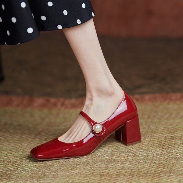 2024 New Spring Red Strap High HeelsMary Jane ShoesPatent Leather Square Toe Block Heel Shoes Wedding Shoes Women - Image 3