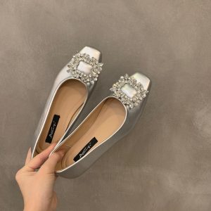 Flat Silver Premium Square Toe Rhinestone Single Shoes Women's Shoes 2024 New Summer Black Commuter Beanie Shoes