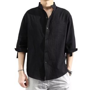 Large size linen short-sleeved shirt men's loose trendy fat man plus fertilizer to increase men's summer cotton and linen five-point sleeve thin section