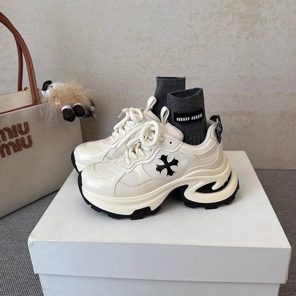 HEIGHT: 7CM~ LEATHER CROSS FLOWER THICK-SOLED DAD SHOES WOMEN'S NEW BREATHABLE RUNNING SHOES CASUAL SNEAKERS IN SPRING - Image 3