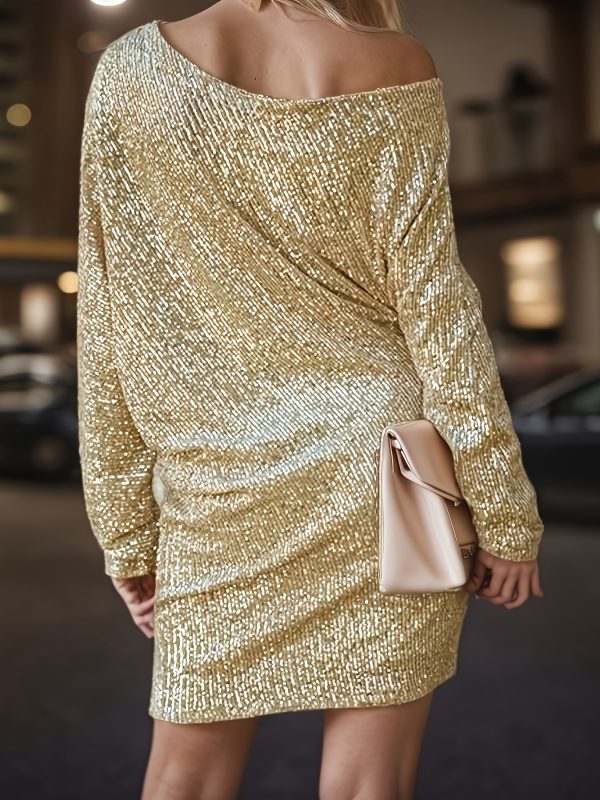 2025 new cross-border dropshipping shiny V-neck loose shoulder dress with elegant long sleeves - Image 2