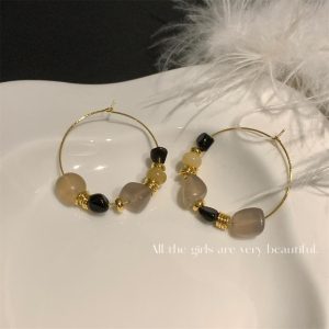 French vintage niche design agate natural stone metal beaded vintage earrings unique ins cold resort style