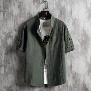 Linen shirt men's short sleeve stand-up collar shirt loose men's Chinese style thin cotton and linen Japanese five-quarter sleeve shirt for men