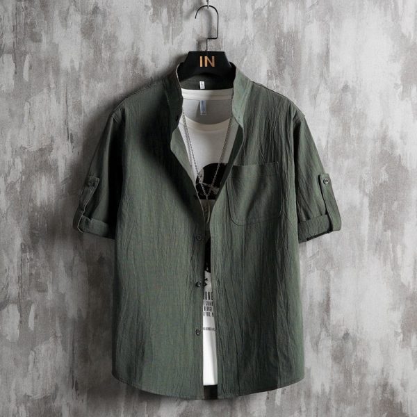 Linen shirt men's short sleeve stand-up collar shirt loose men's Chinese style thin cotton and linen Japanese five-quarter sleeve shirt for men - Image 2