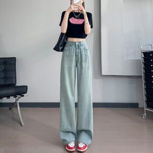 Guangzhou source: narrow wide-leg straight-leg jeans for women, small summer high-waisted slimming pants, versatile drape trousers