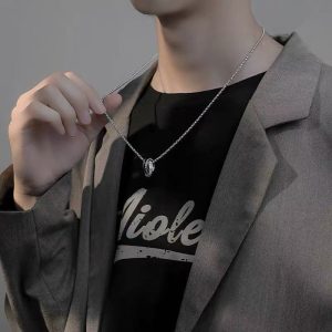 Stainless steel diamond zircon double ring necklace men's niche design high-end pendant boys and women Korean version of the new hot style