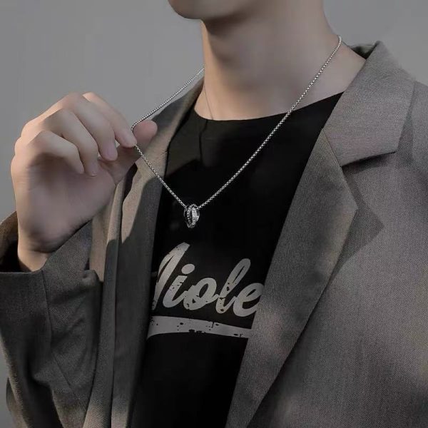 Stainless steel diamond zircon double ring necklace men's niche design high-end pendant boys and women Korean version of the new hot style - Image 2