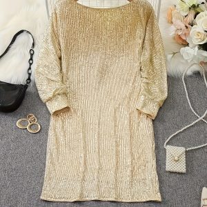 2025 new cross-border dropshipping shiny V-neck loose shoulder dress with elegant long sleeves