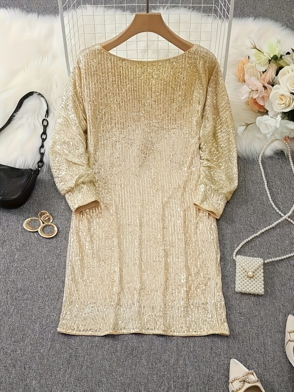 2025 new cross-border dropshipping shiny V-neck loose shoulder dress with elegant long sleeves - Image 4