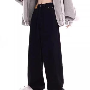 2024 black high-waisted straight jeans women's new spring and autumn pear-shaped body fat high-waisted loose wide-leg pants