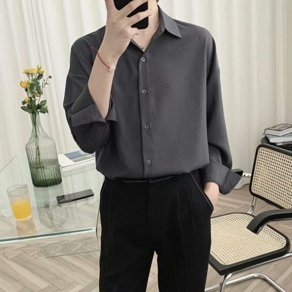 Spot men's Korean version trend black long-sleeved shirt men's 2022 spring casual inch jacket is a very fairy shirt