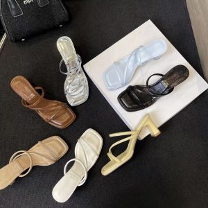 French thick heel sandals, one-line flip flops, thick heel high heel sandals, black summer slippers, women's outer wear, medium heels 5cm