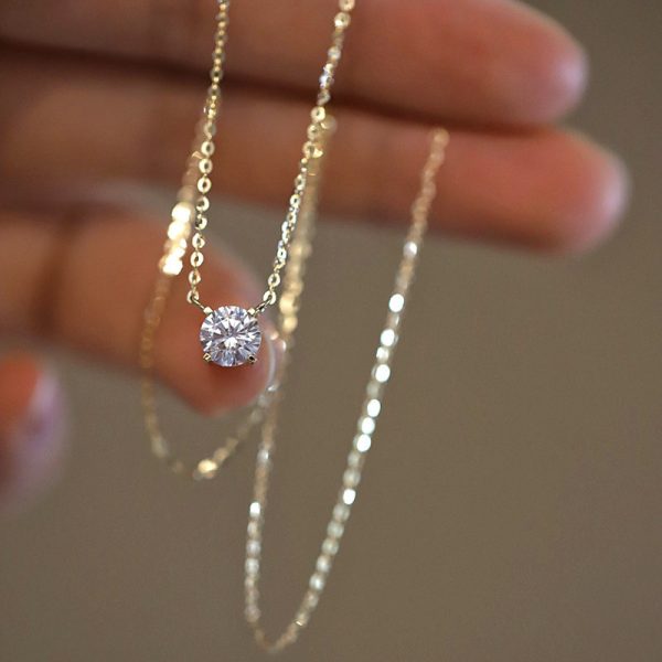 S925 sterling silver plated 14K yellow gold, one-carat four-prong single diamond, super flash temperament, Japanese and South Korea, light luxury, clavicle chain necklace women