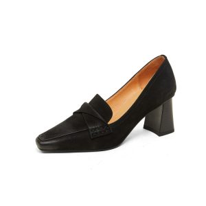 Brown French sheepskin single shoes women's small square toe thick heel retro business women's shoes young and middle-aged temperament high heels