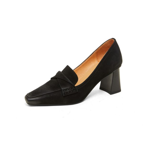 Brown French sheepskin single shoes women's small square toe thick heel retro business women's shoes young and middle-aged temperament high heels - Image 5