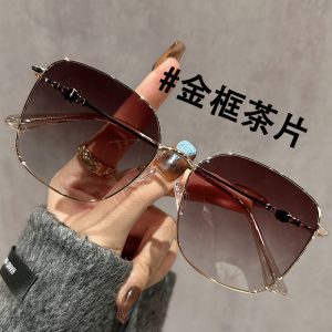 New brown gold wire large frame sunglasses women's fashion high-end Internet celebrity polarized metal sunglasses UV protection