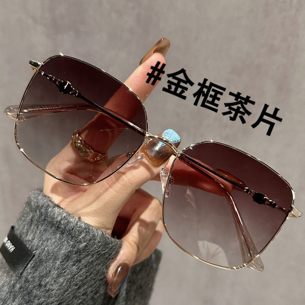 New brown gold wire large frame sunglasses women's fashion high-end Internet celebrity polarized metal sunglasses UV protection