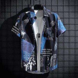 2024 Summer Short Sleeve Shirt Men's Thin Graffiti Newspaper Print Hong Kong Style Trend Ruffian Handsome Loose Half Sleeve Shirt