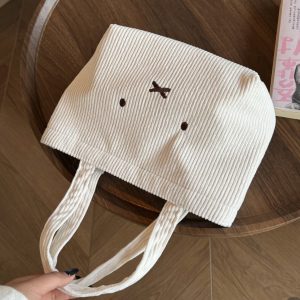Corduroy Rice Rabbit Tote Bag Cute Embroidery Girly Heart Commuting to Work Versatile Portable Large Capacity Handbag