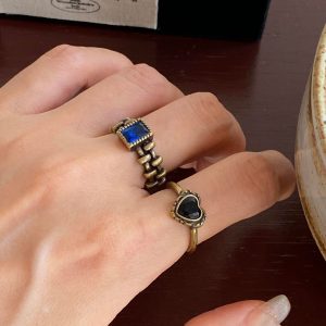 Chaebol daughter new black gold series love bird ring women's color diamond vintage distressed fashion temperament ring